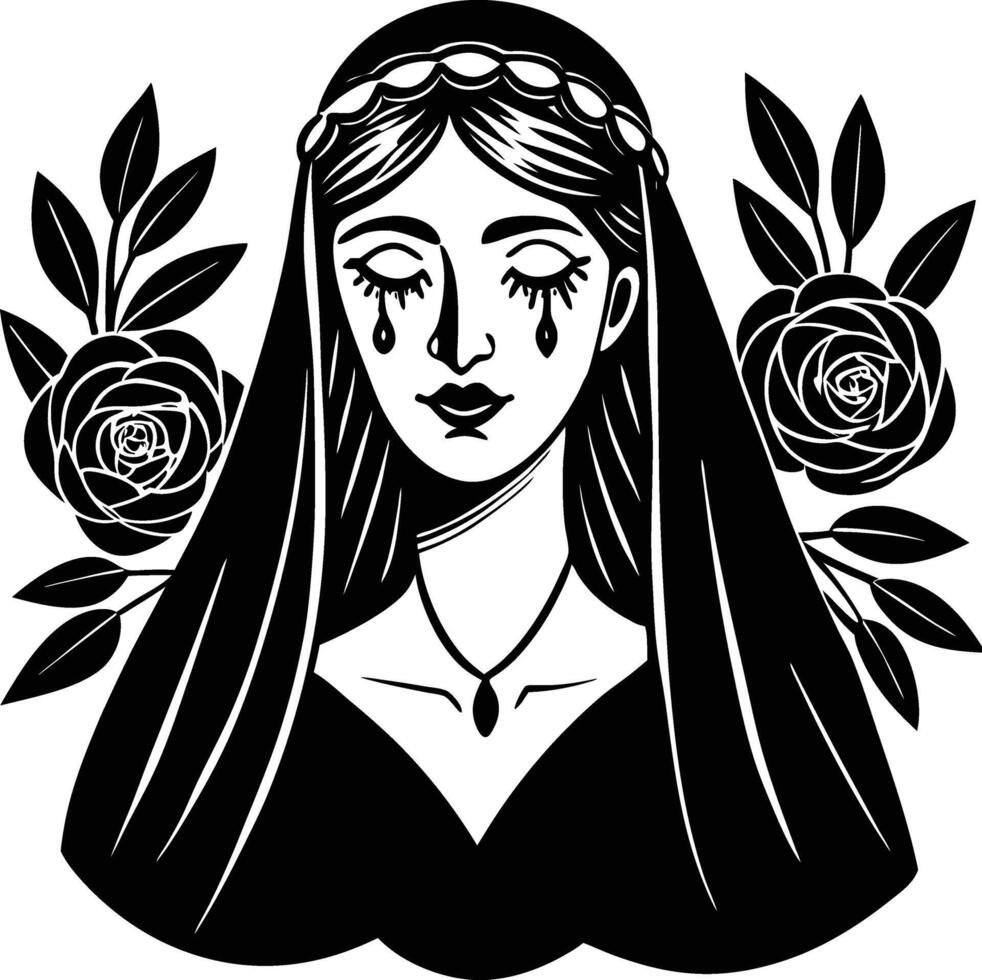 Weeping woman with roses black and white tears vector