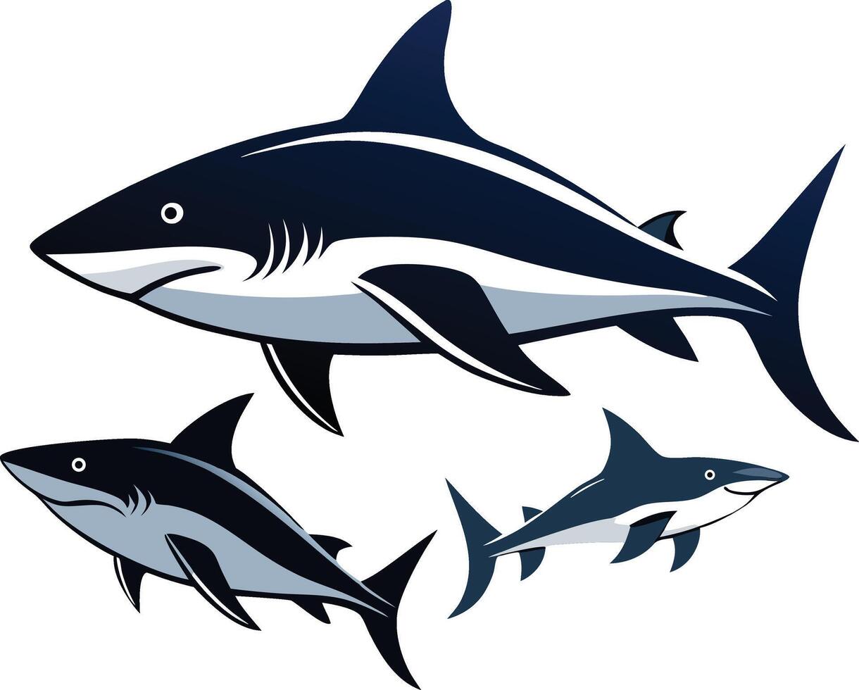 Three sharks swimming in blue and grey marine life vector