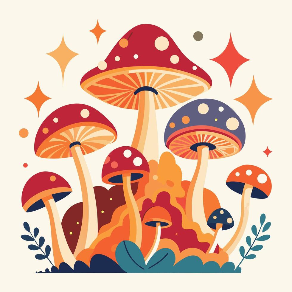 Psychedelic Mushroom Forest With Stars vector