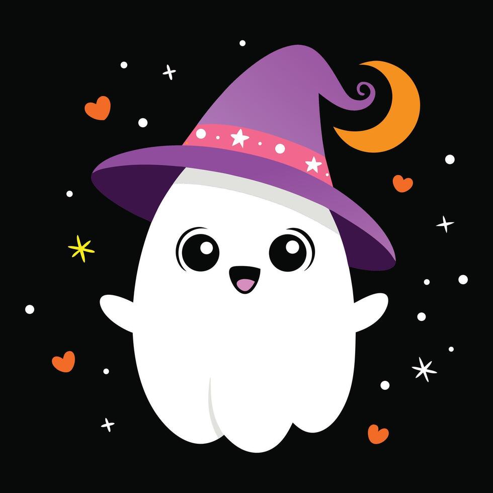 Cute ghost with witch hat and moon halloween stars vector