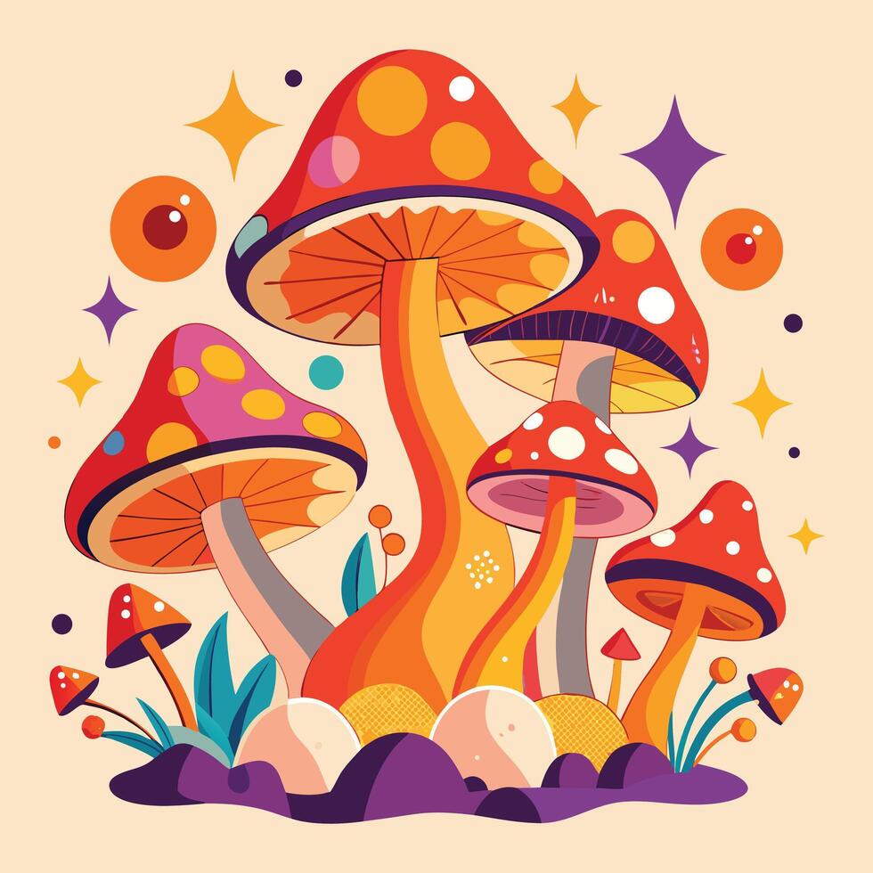 Psychedelic Mushroom Forest With Stars mushrooms retro vector