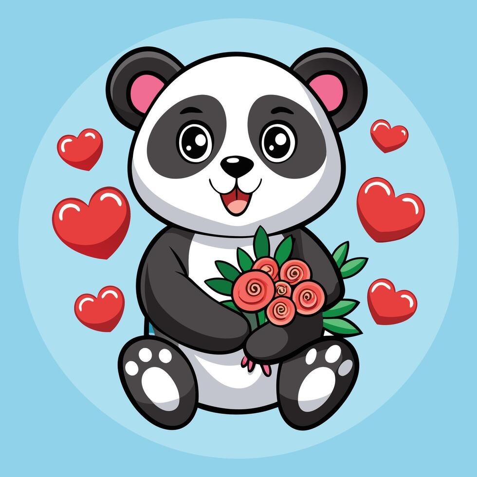 Cute panda holding pink roses surrounded by red hearts vector