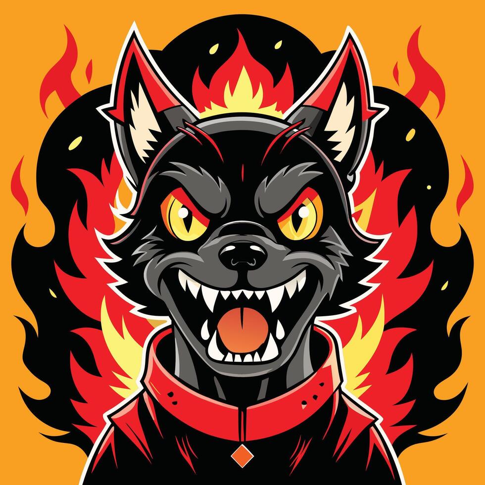 Fiery black wolf with yellow eyes and red collar fire vector