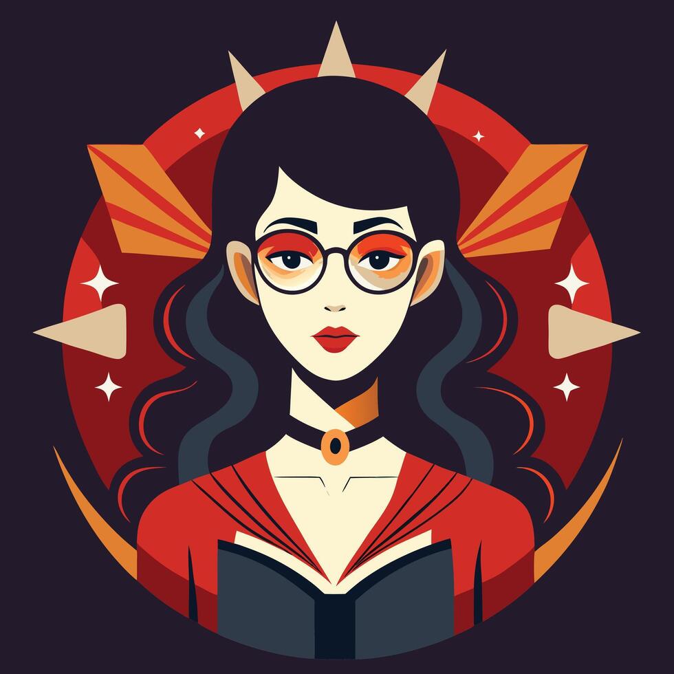 Woman with glasses reading a book dark hair vector
