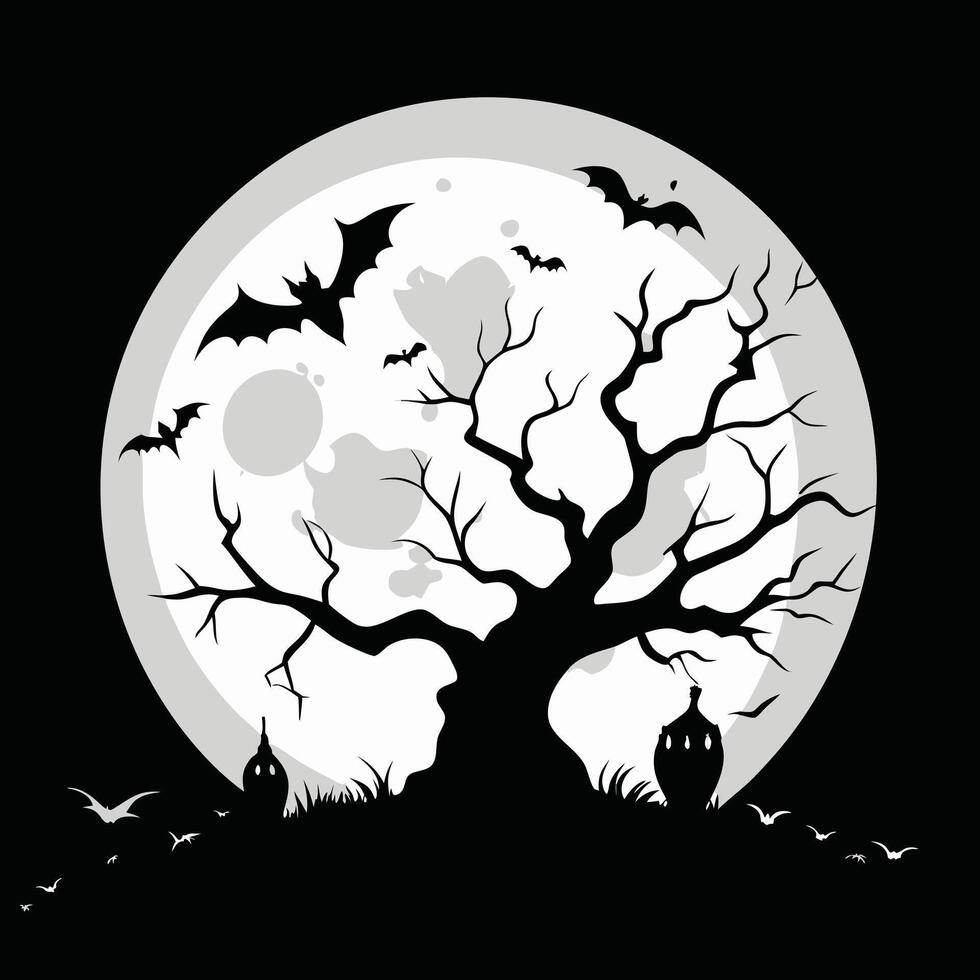 Spooky night scene with full moon and flying bats halloween vector