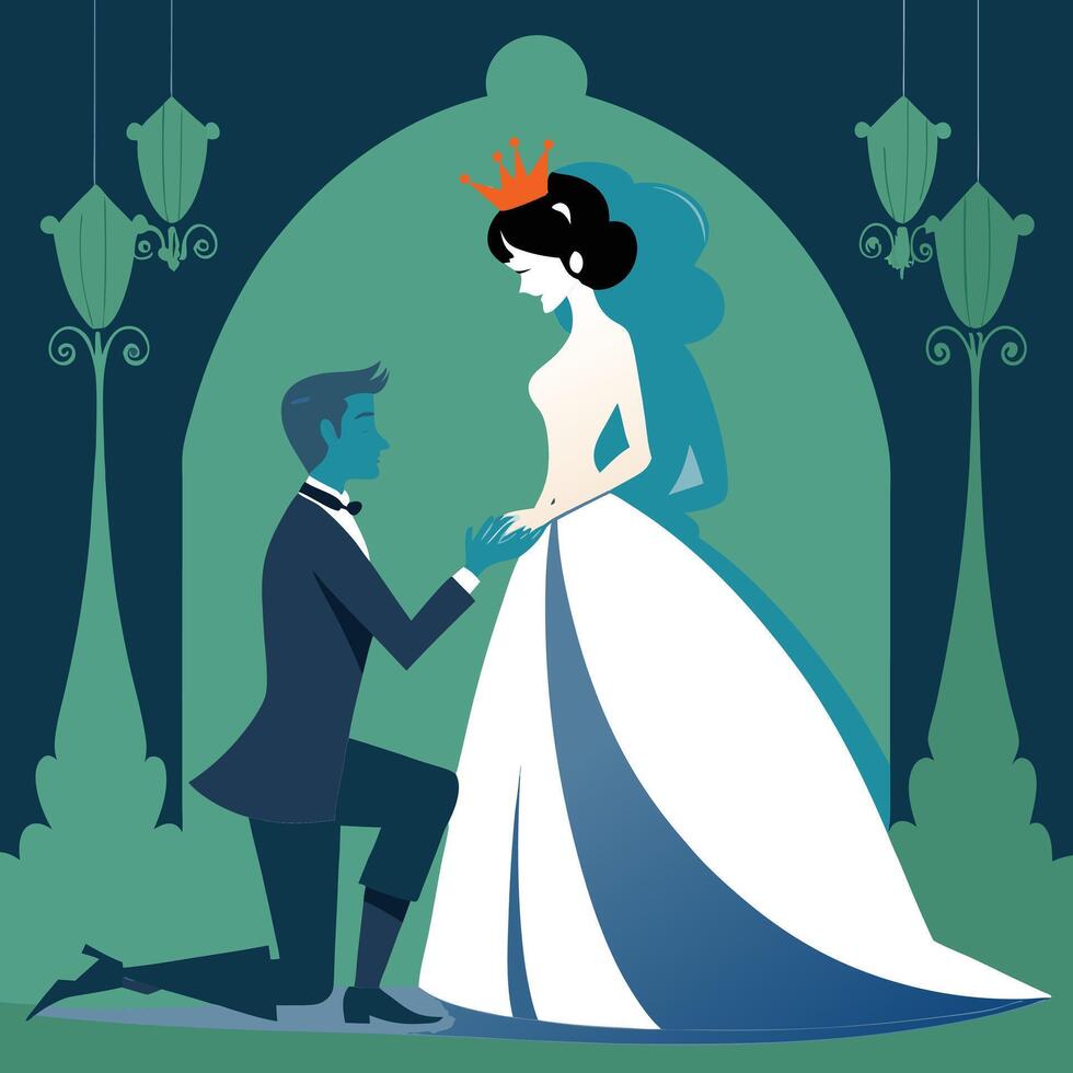 Prince proposes to princess in ornate hall couple proposal vector