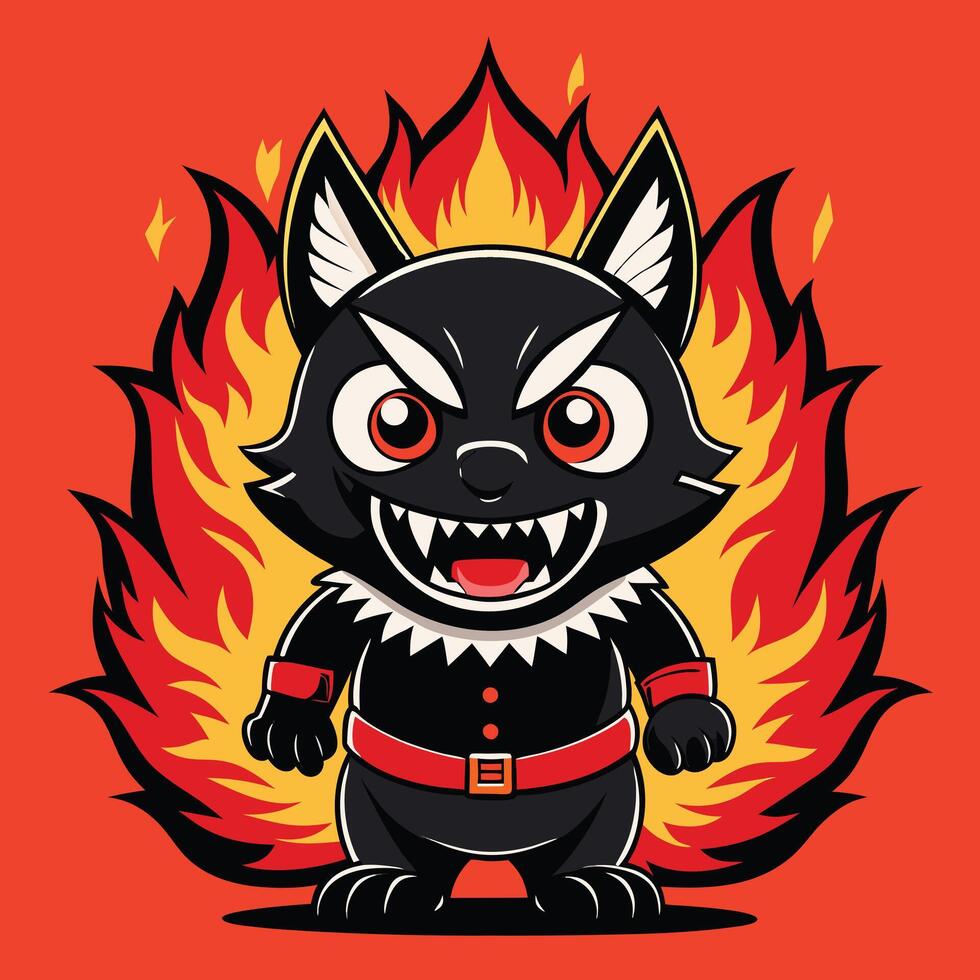 Fiery black cat character with sharp teeth fire flames vector