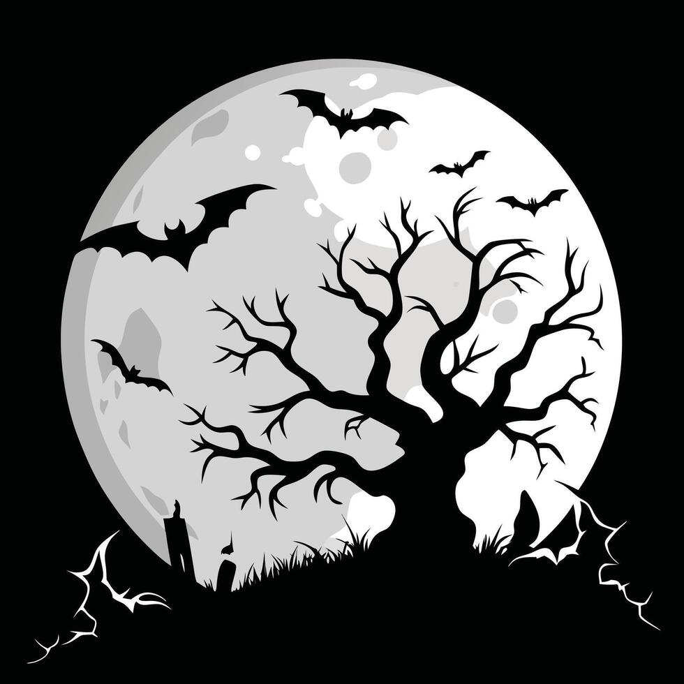 Spooky moonlit night with bats and bare tree halloween vector