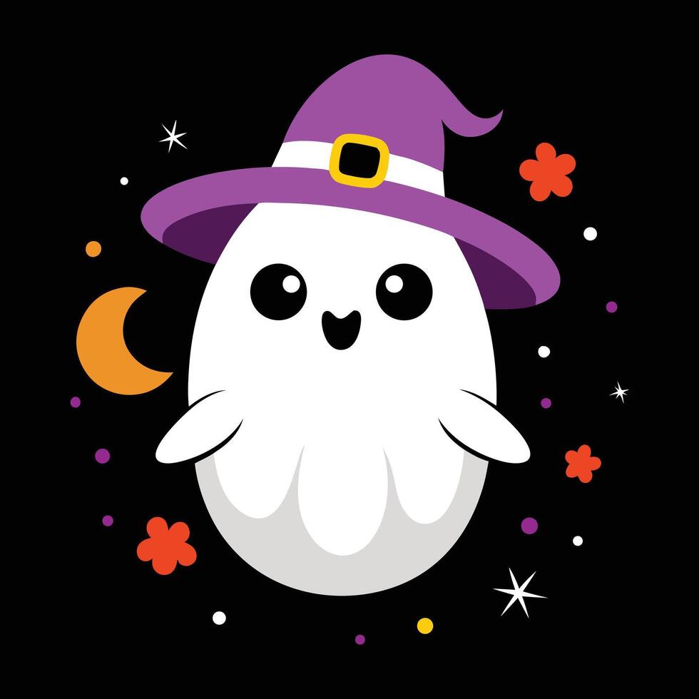 Cute ghost wearing witch hat with moon and stars halloween vector