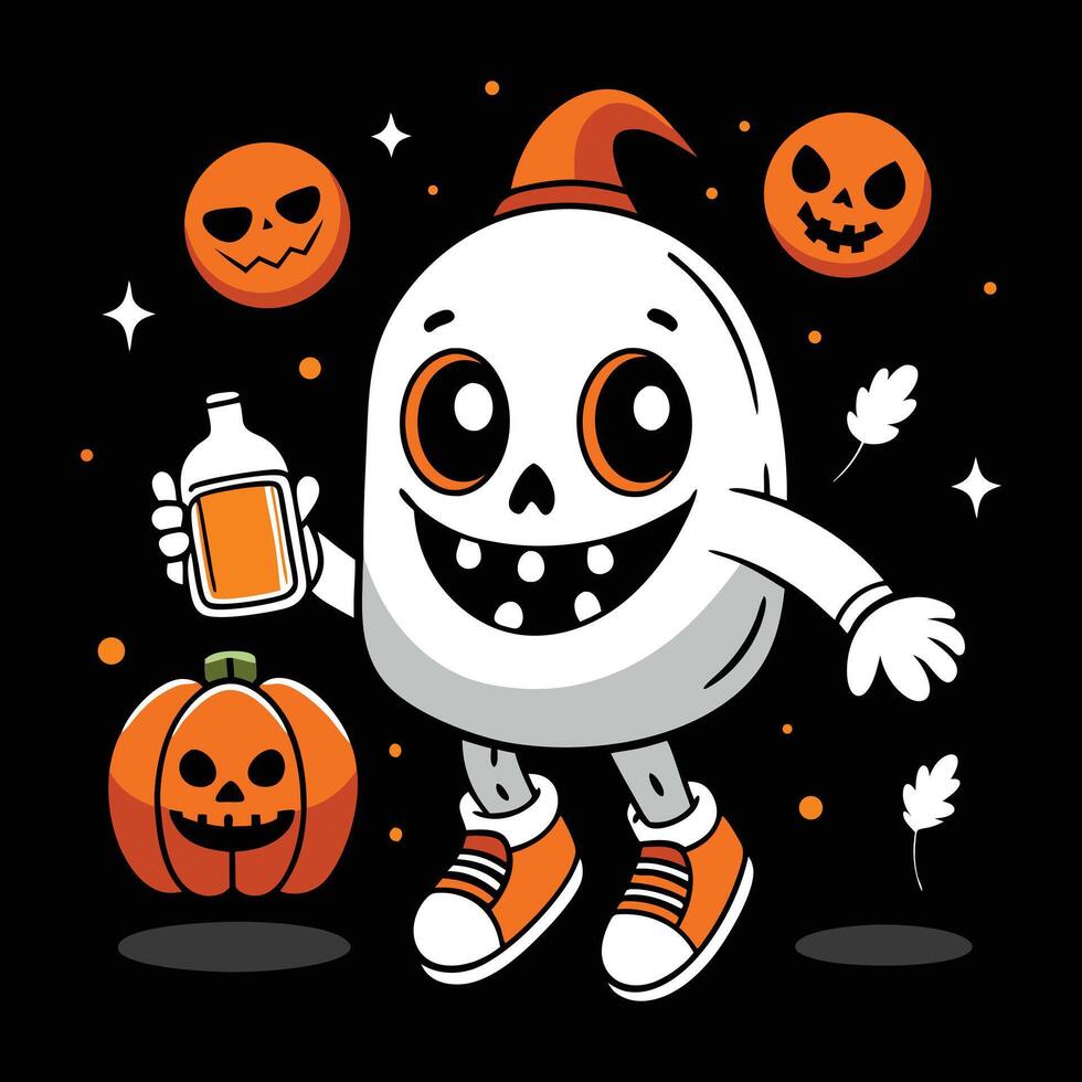 Cheerful ghost with pumpkins and potion halloween jack o lantern vector