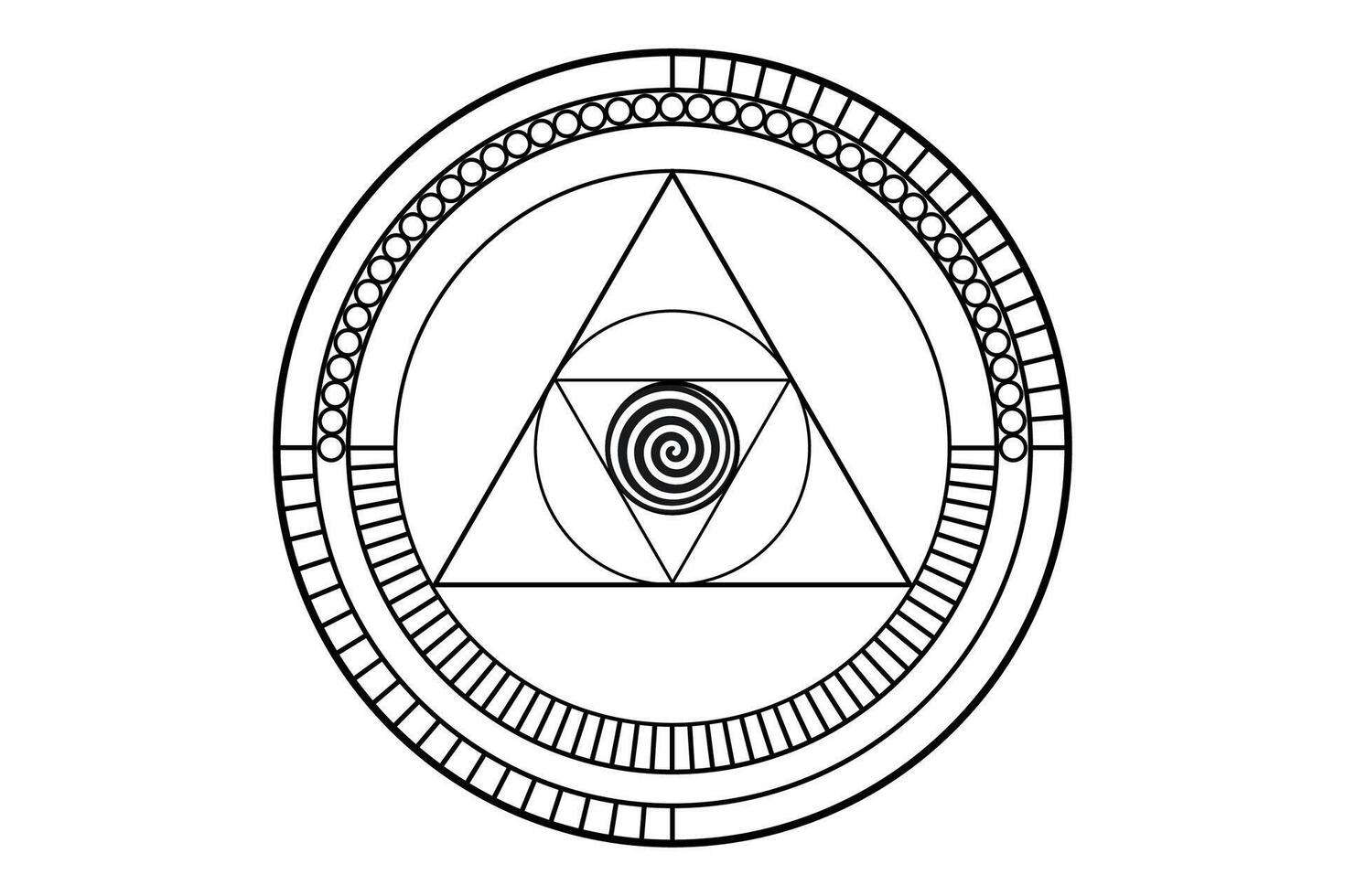 Sacred Geometry, Geometric shapes Circles and triangles in golden proportion, Mystical logo design, tattoo icon, masonic simbol, occult magic spiral, isolated on white background vector