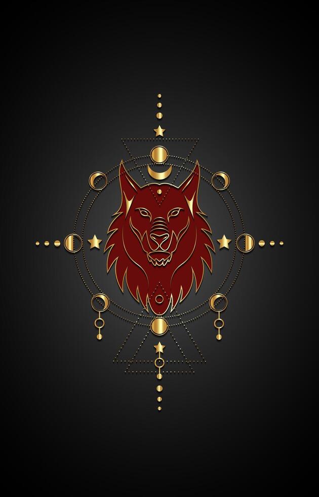 Mythological red wolf or mystical Fenrir on Sacred Geometry and Moon Phases Gold luxury illustration of Sacred ethnic wild animal isolated on black background vector
