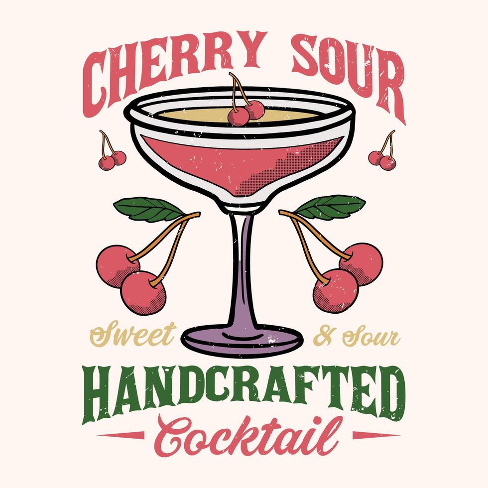 A handcrafted cocktail with cherries and a cherry sour garnish vector