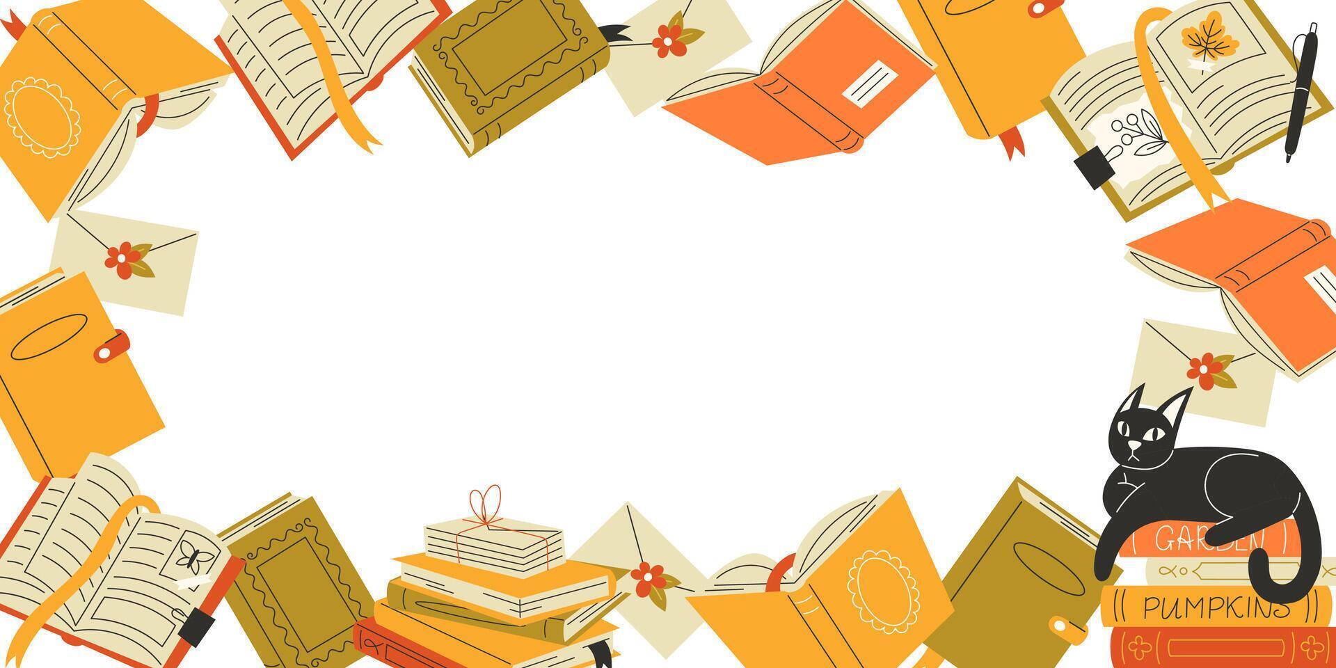 colorful books and a black cat vector