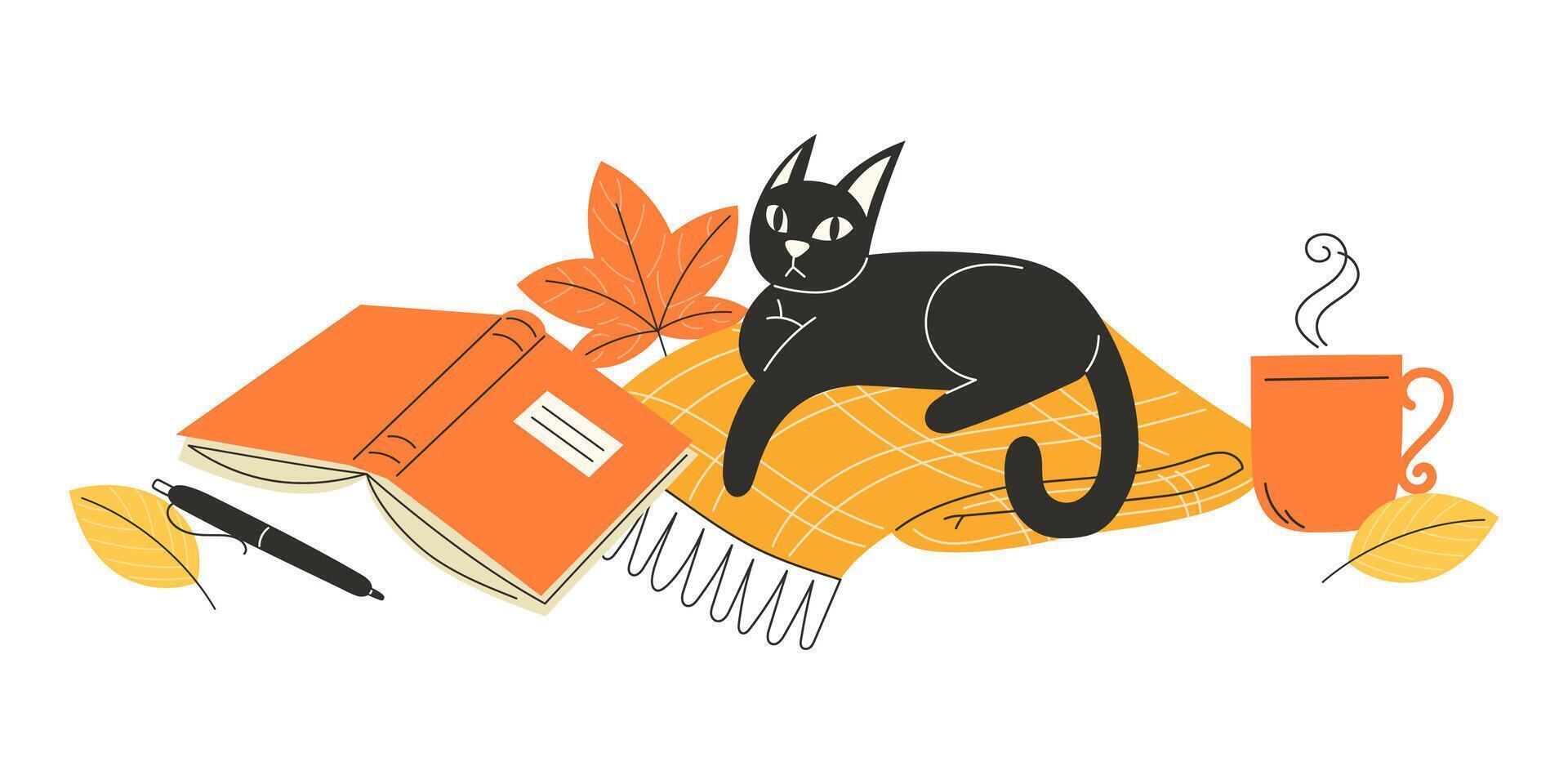 Cat resting on a blanket with a book vector