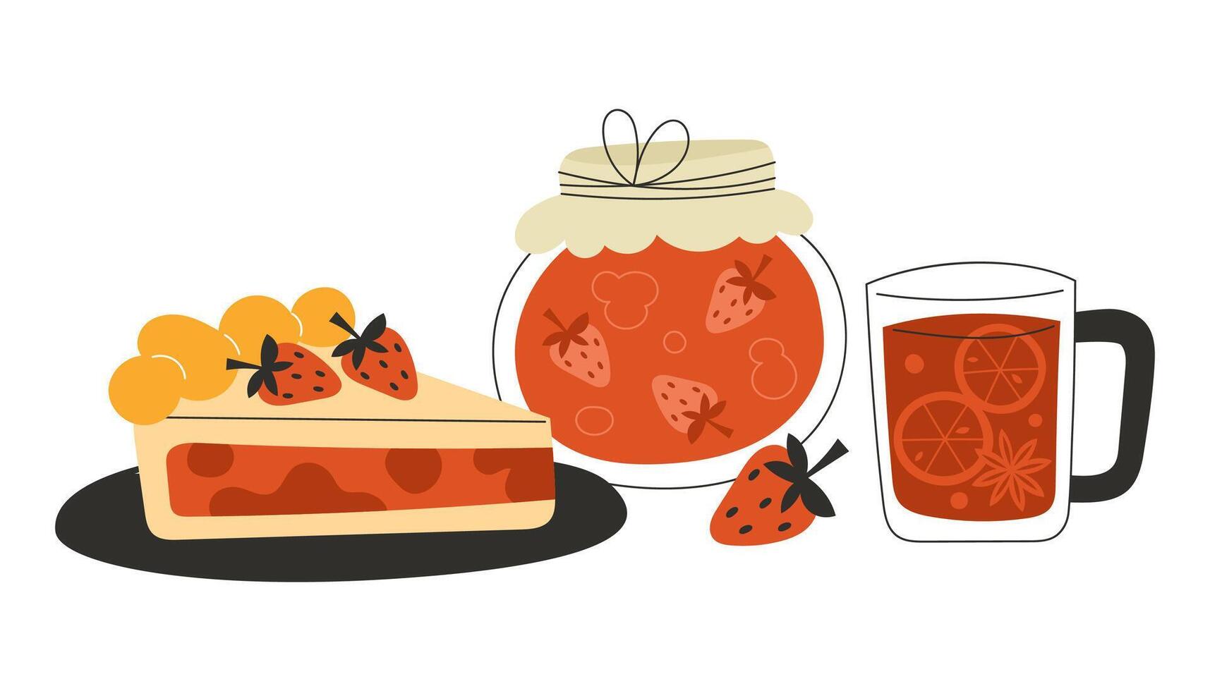 Strawberry dessert, jam, and drink vector