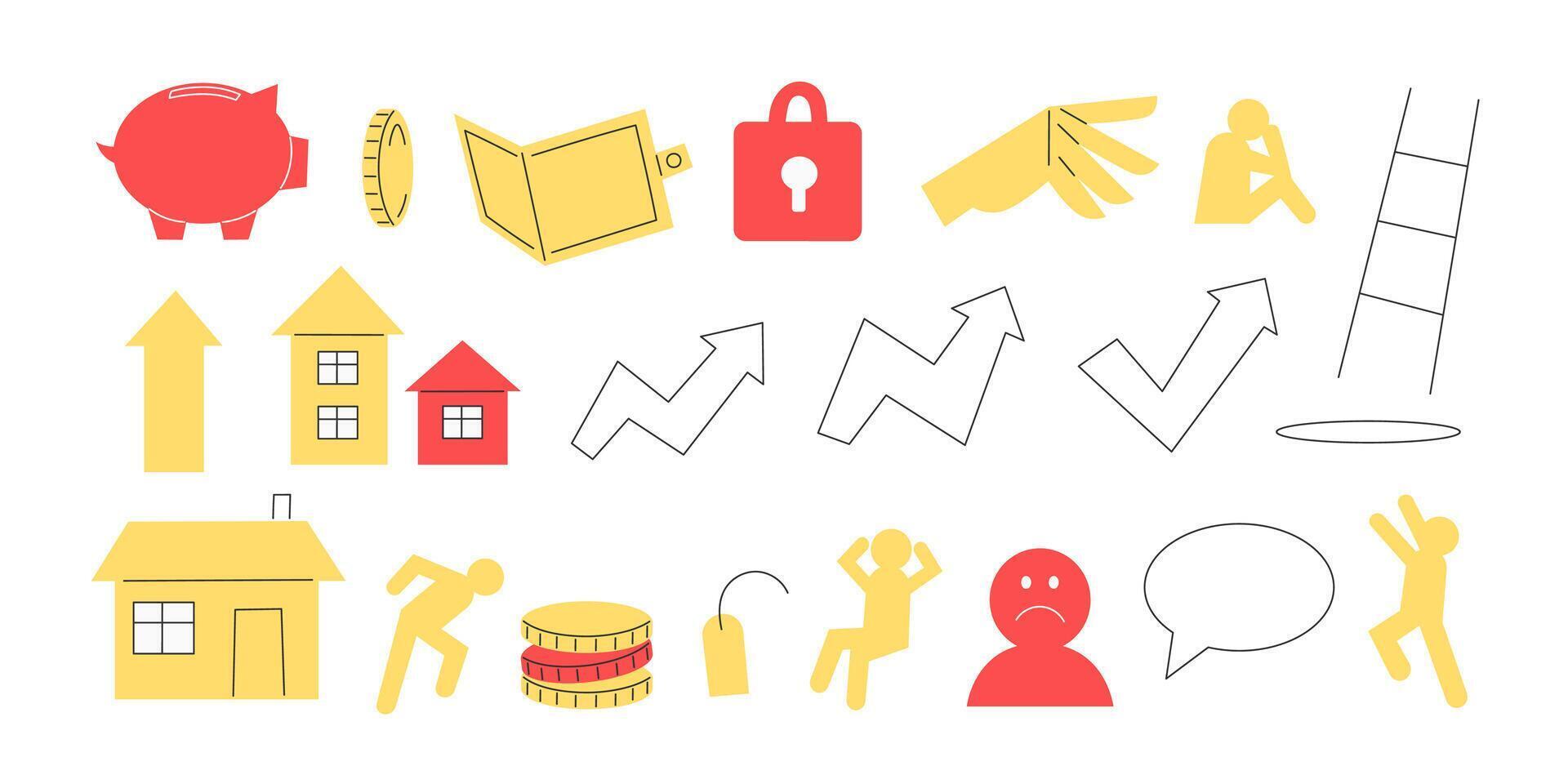 Set of Simple Flat Style Elements Illustrating Housing Crisis Rising Prices and Unaffordable Homes for Illustration Design vector