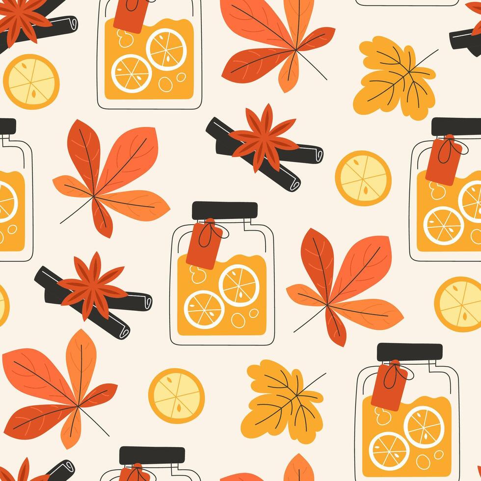 autumn leaves and citrus jar pattern vector