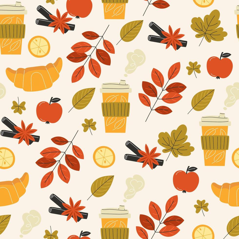 Autumn pattern with coffee and leaves vector