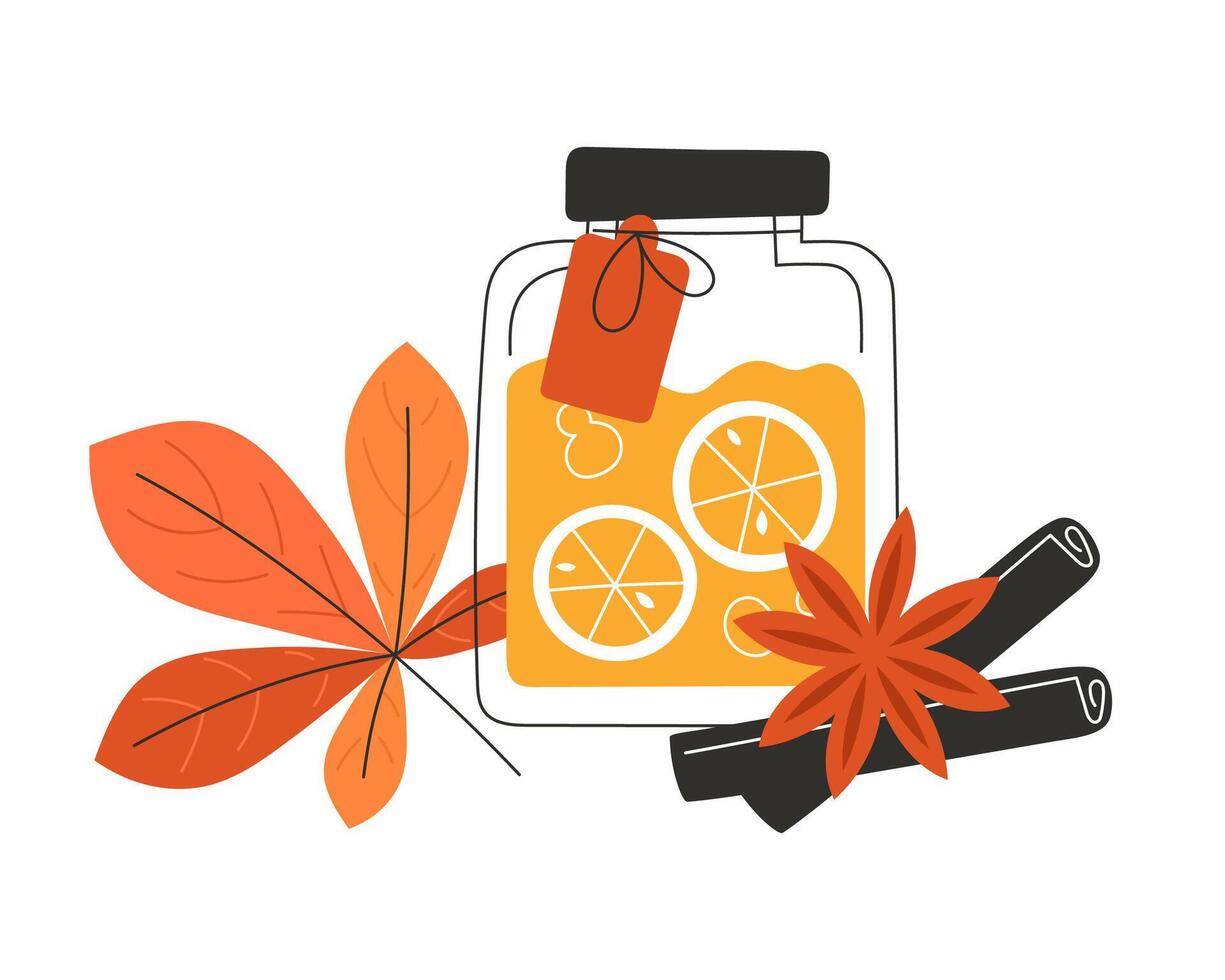 Jar of Orange Jam with Cinnamon Sticks Anise and Chestnut Autumn Leaf in Flat Style vector