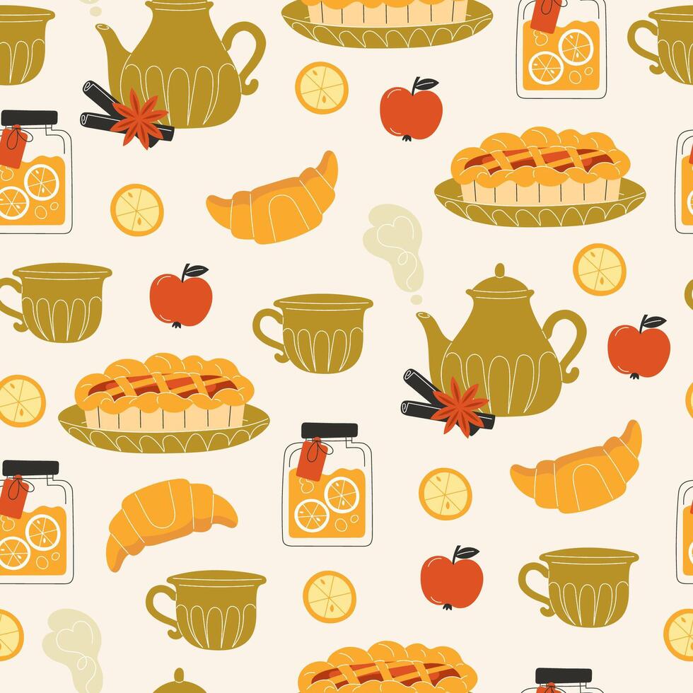 kitchen pattern with tea and pastries vector