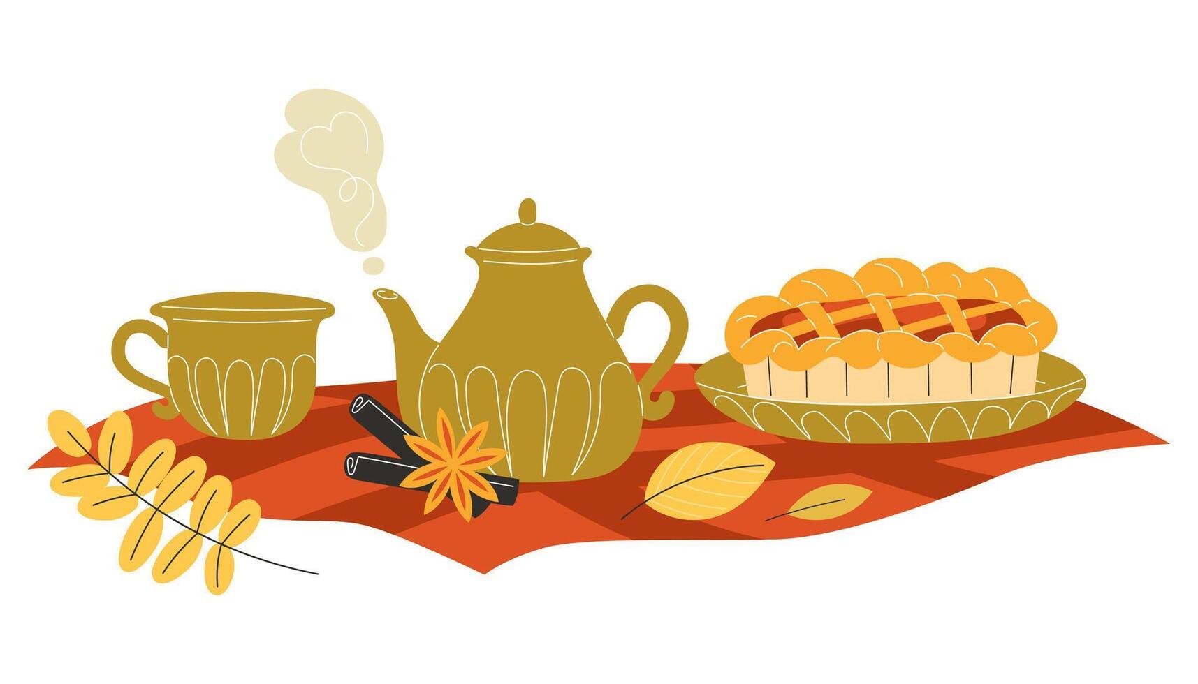 Autumn tea and pie illustration vector