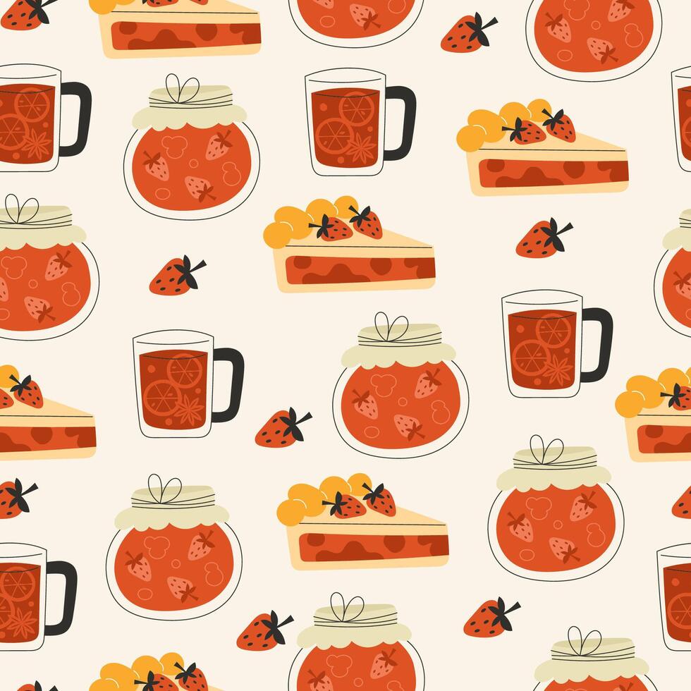 Seamless Pattern with Transparent Cup of Autumn Tea Strawberry Jam and Slice of Homemade Pie in Flat Style on White Background vector