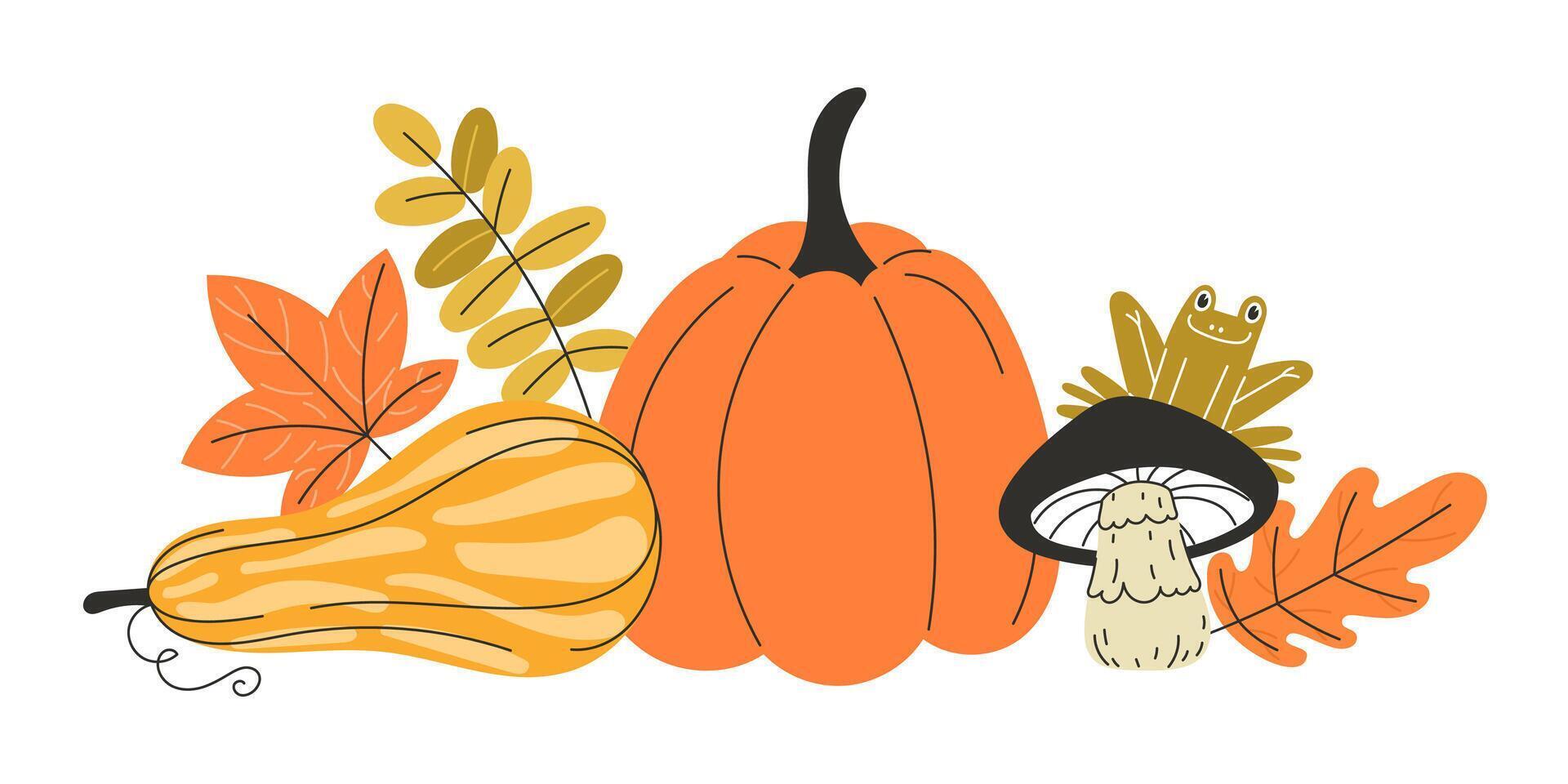 Autumn Composition with Mushrooms Pumpkins and Leaves for Cards and Web Decor vector
