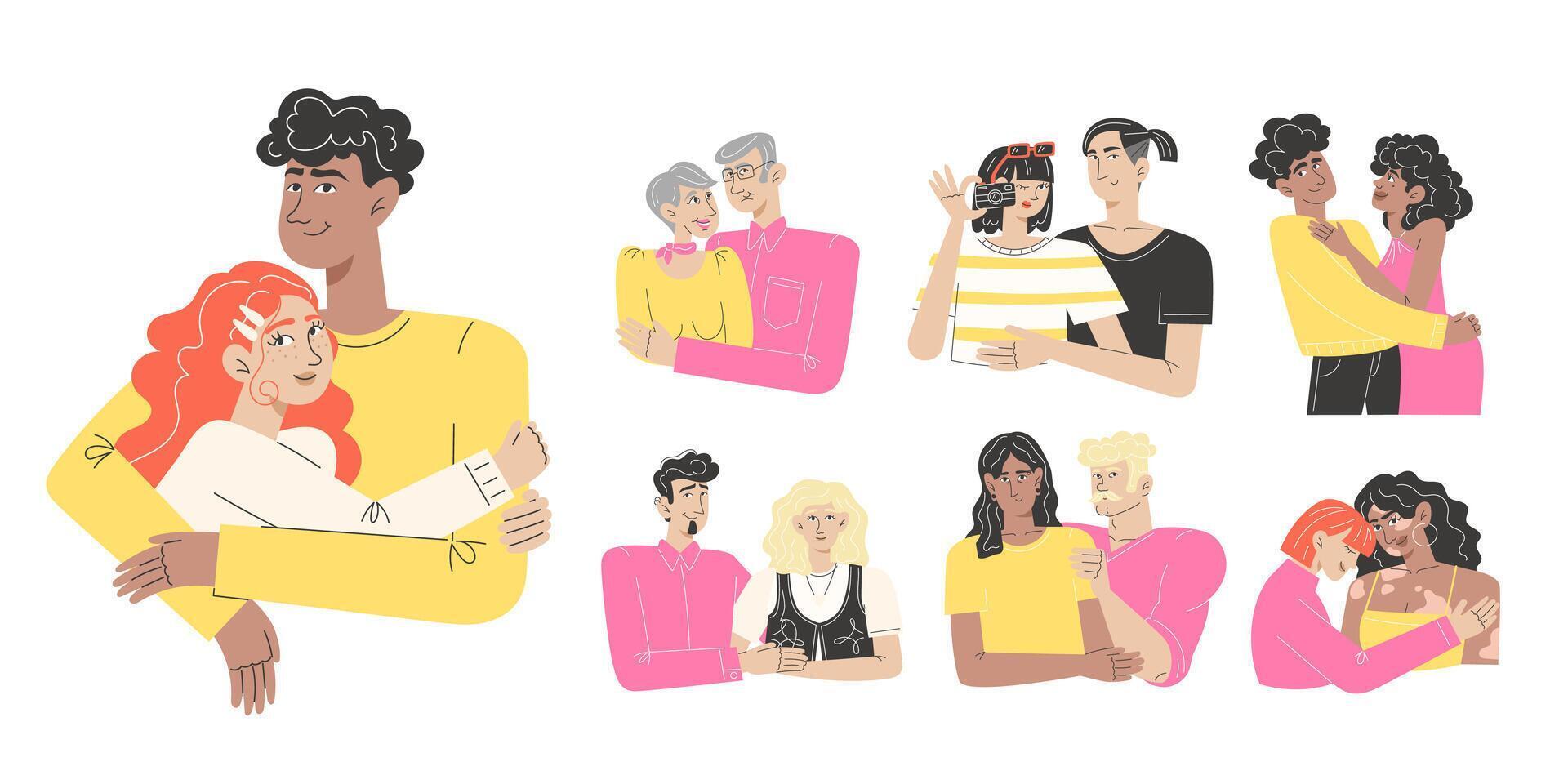 Diverse couples in affectionate embraces vector
