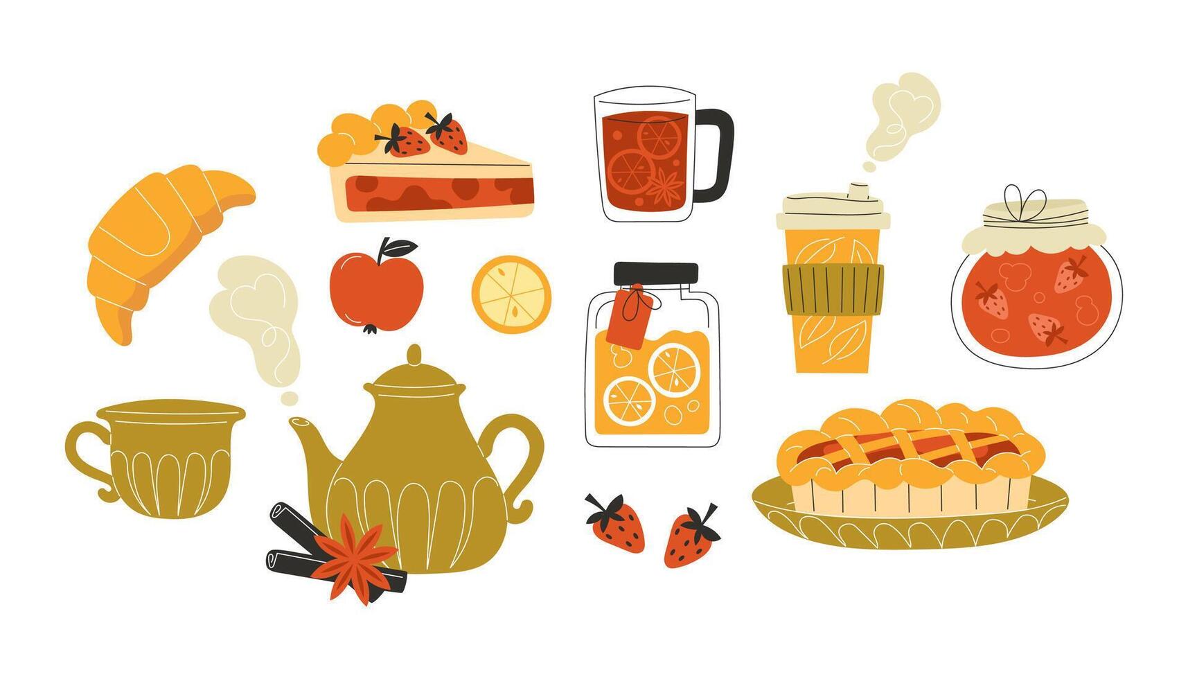 Cosy Autumn Drinks and Food Set with Tea Pies Spices Jam Fruits and Cinnamon in Flat Style Seasonal Illustration for Fall and Thanksgiving Design vector