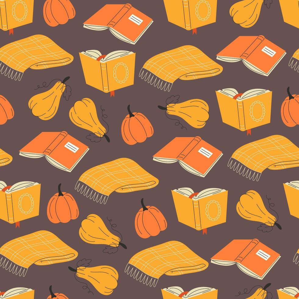 Seamless flat autumn pattern with books and pumpkins on dark background in warm colours vector