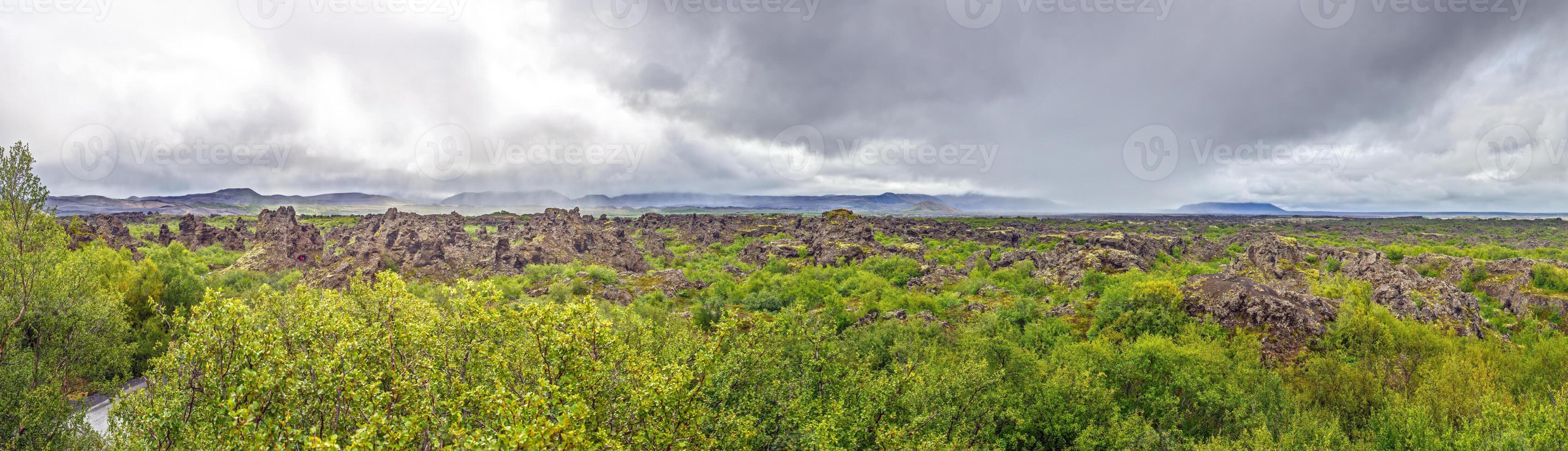 Dimmuborgir Iceland panoramic view of lava formations and plains photo