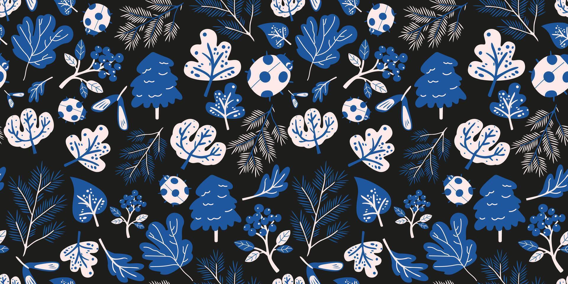 Autumn rustic seamless pattern in boho style. Fall season background for textile, fabric, print, wrapping paper. Autumn leaves, tree, ladybug. Wild forest illustration vector
