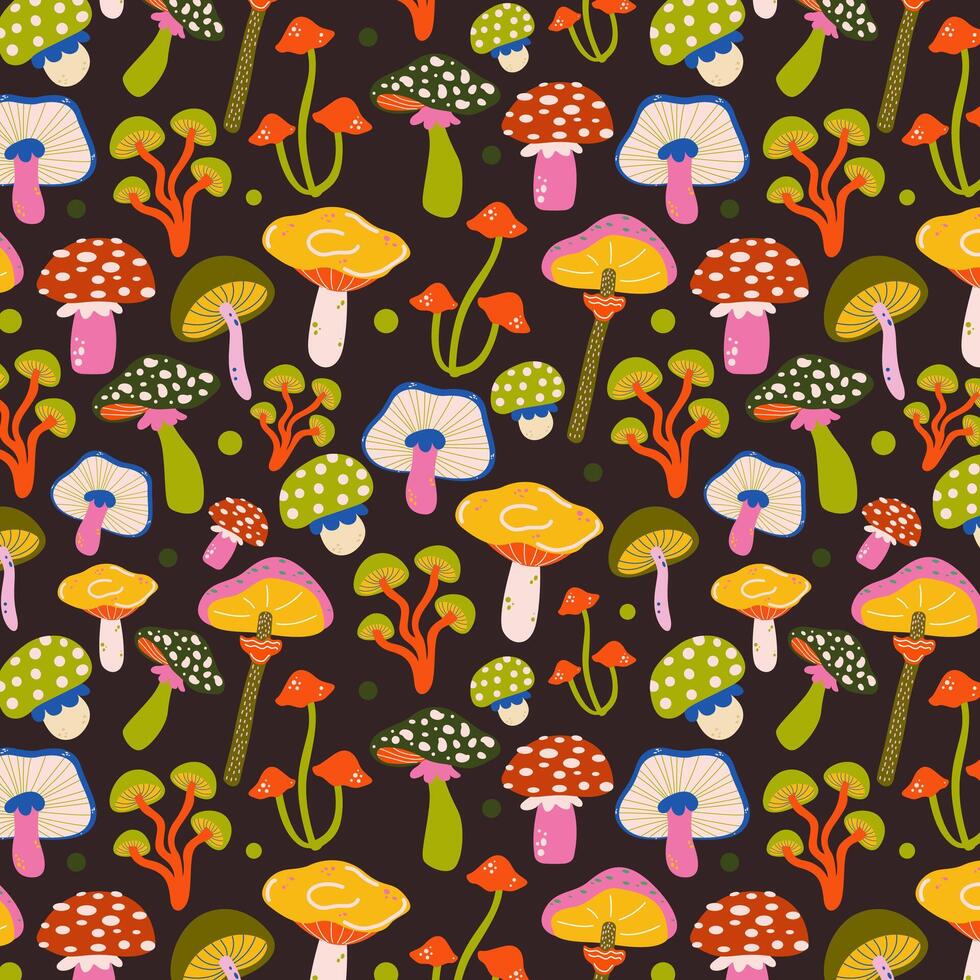 Colorful mushrooms and plants pattern vector