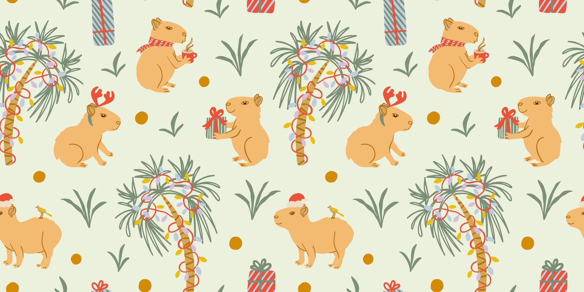 Holiday pattern with cute animals and gifts vector
