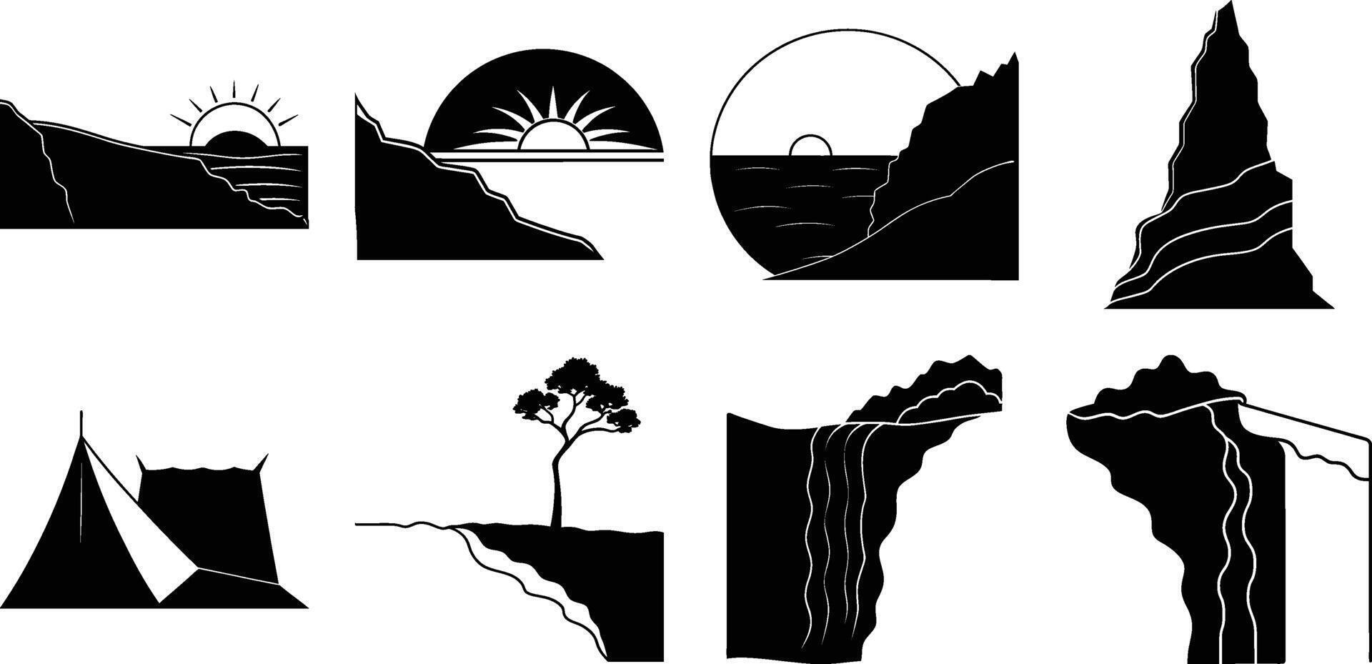 Eight scenic coastal rock and cliff icons silhouette vector