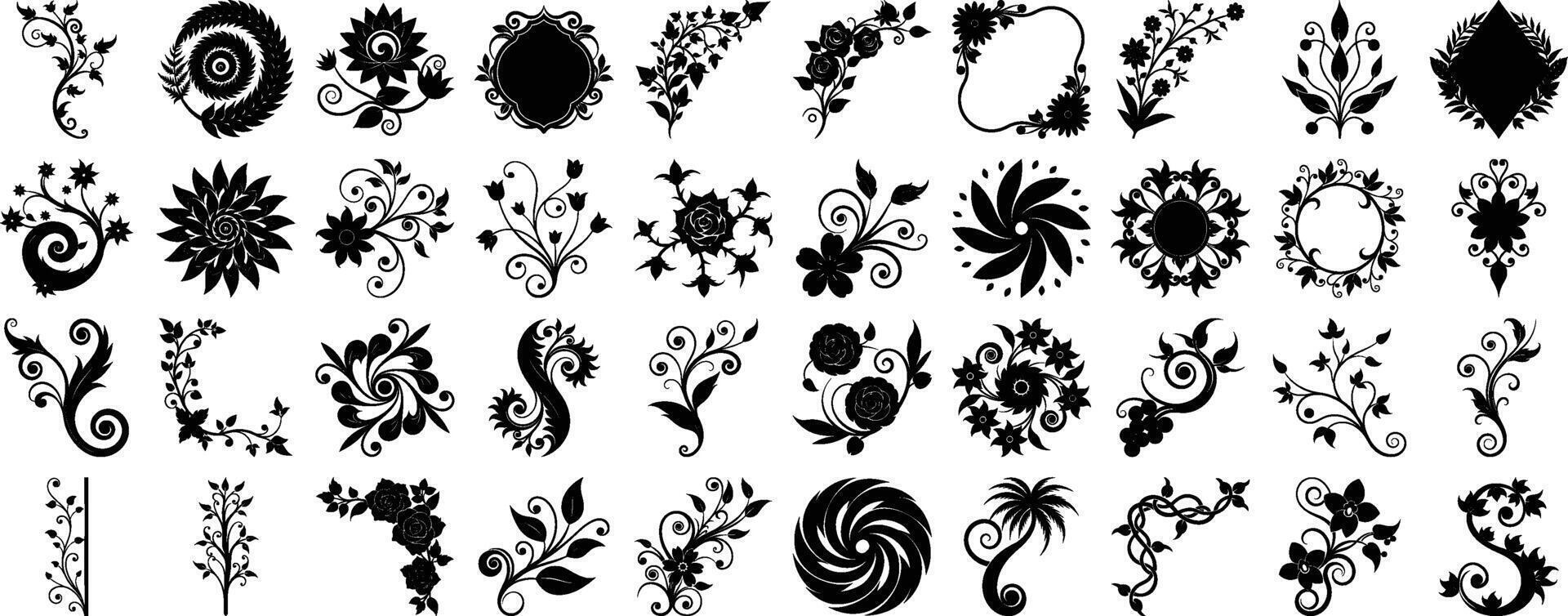 Elegant floral swirls and decorative corner accents silhouette vector