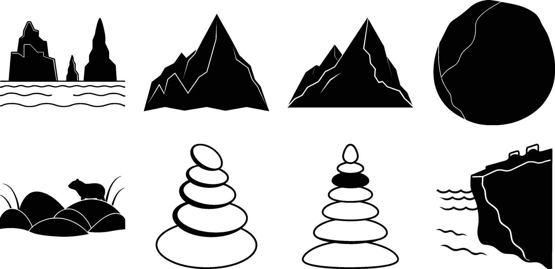 Collection of eight rocks and cliffs icon silhouette vector