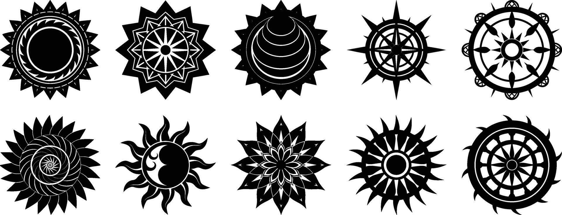 Collection of circular mandala motifs and decorative icons silhouette vector