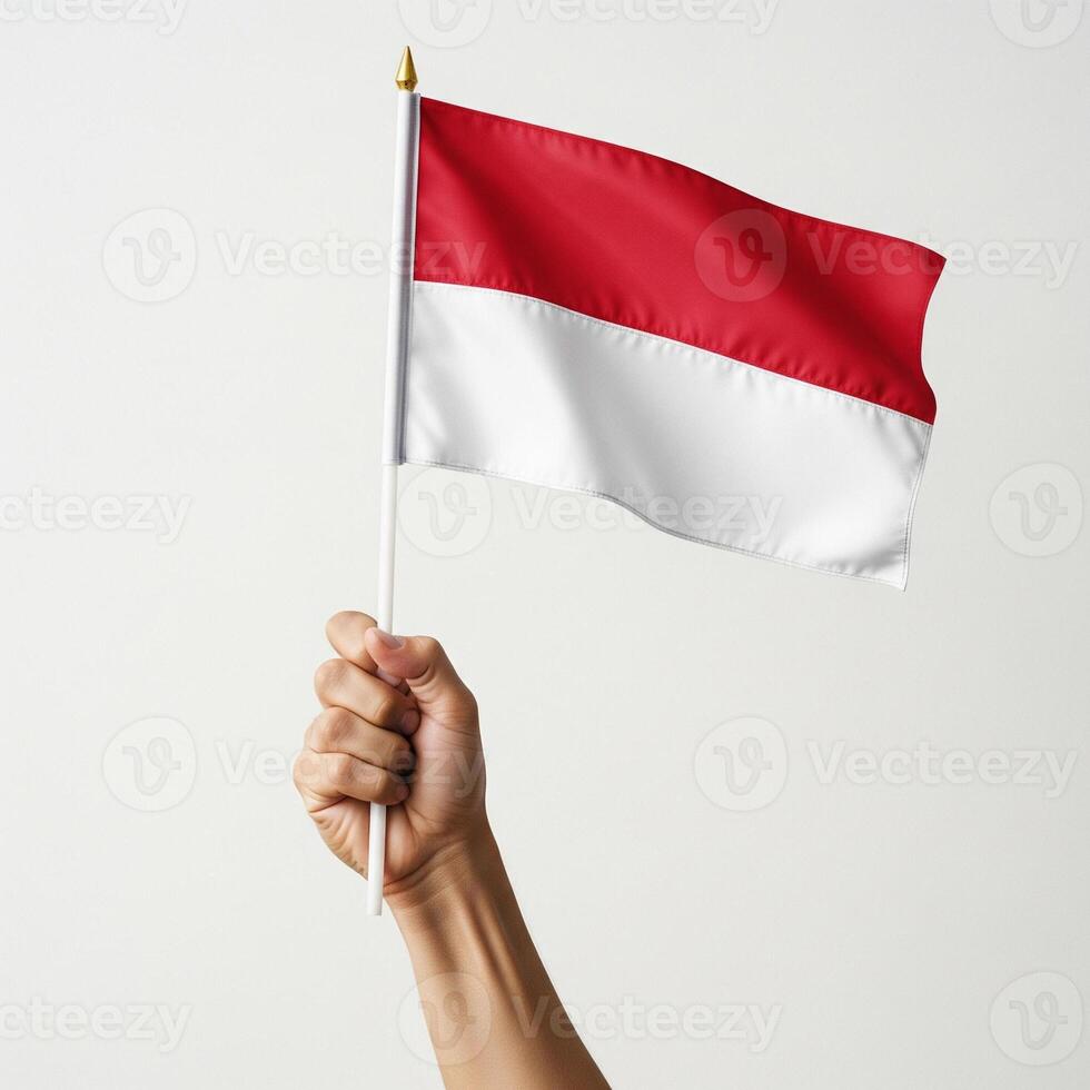 hands holding the red and white flag that flutters beautifully on Indonesian Independence Day in August photo