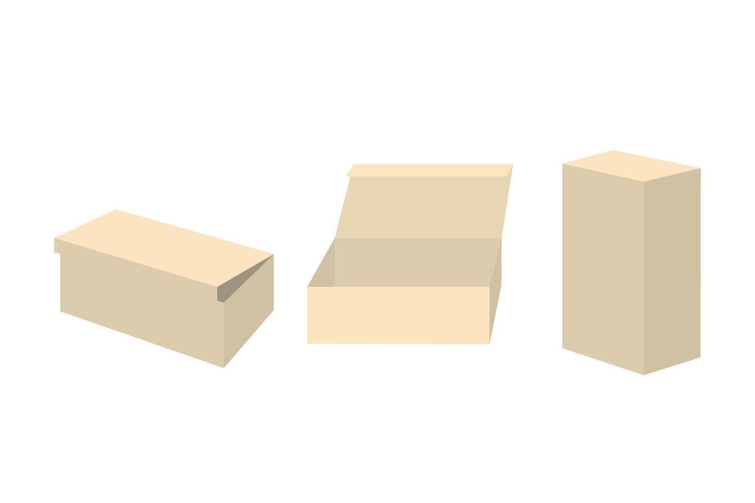 Square Packaging Boxes Mockups, Front And Side View, Opened And Closed Lid, Isolated On White Background. vector