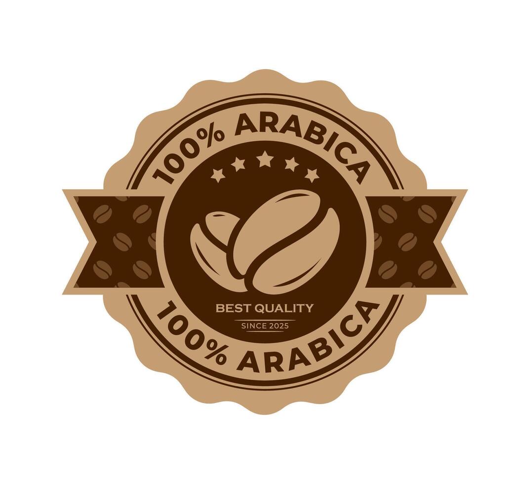 100 percent arabica coffee badge premium quality. Coffee beans with Circle label and ribbon. For logo, symbol, sign, icon, seal, tag, stamp, emblem. Illustration vector