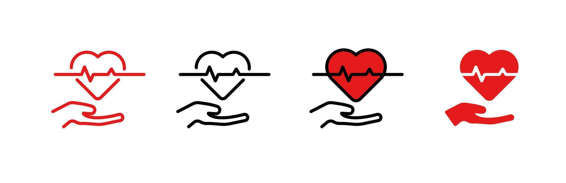 Icon set showing heart health symbols with hands in color and outline variations vector