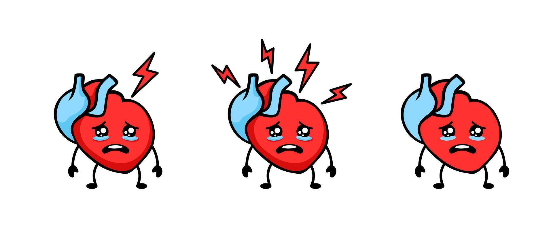 Heart cartoon characters with sad expressions and lightning symbols show emotion vector