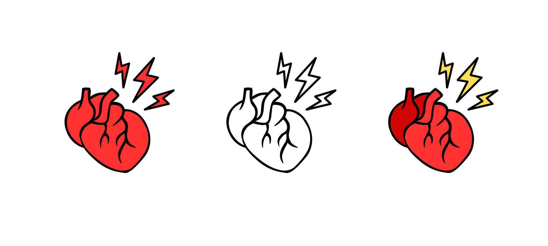 Heart with lightning symbols displaying intense emotions in red and black variations vector