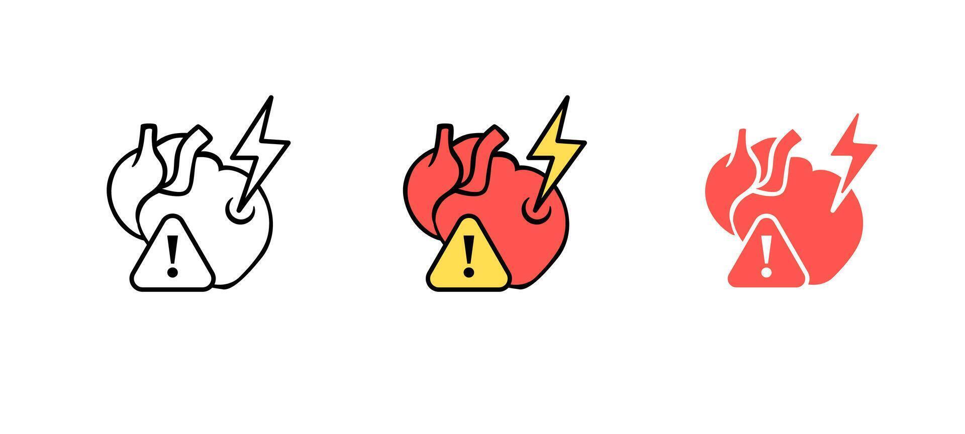 Heart warning icons with lightning and exclamation in black and red variations vector