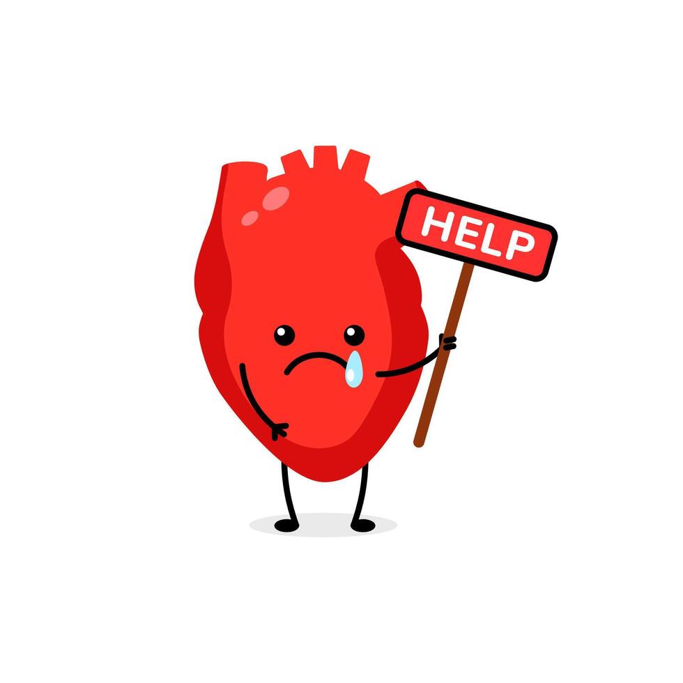 Heart in need of help cartoon expression with tear and sign display vector