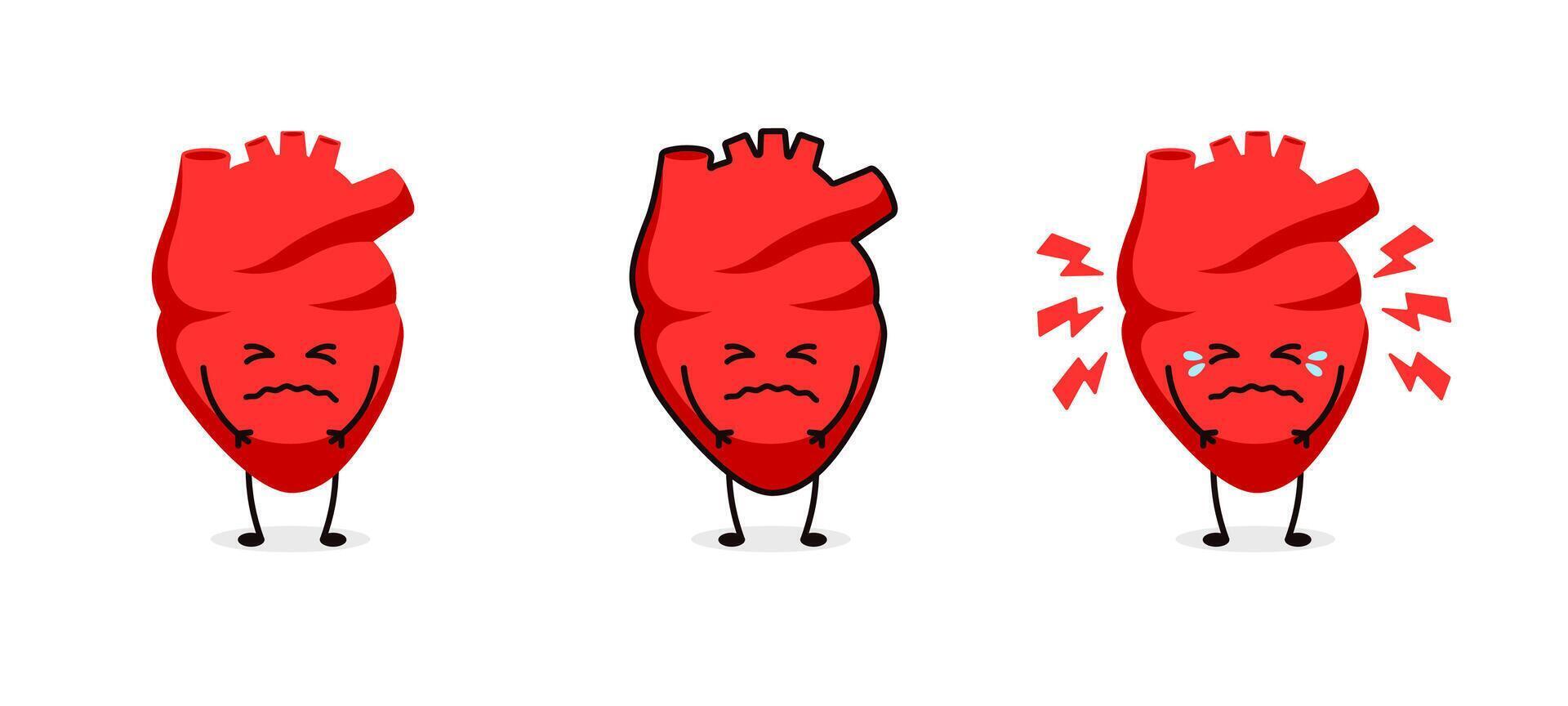 Heart cartoon expressions illustrating sadness and emotions in red characters vector