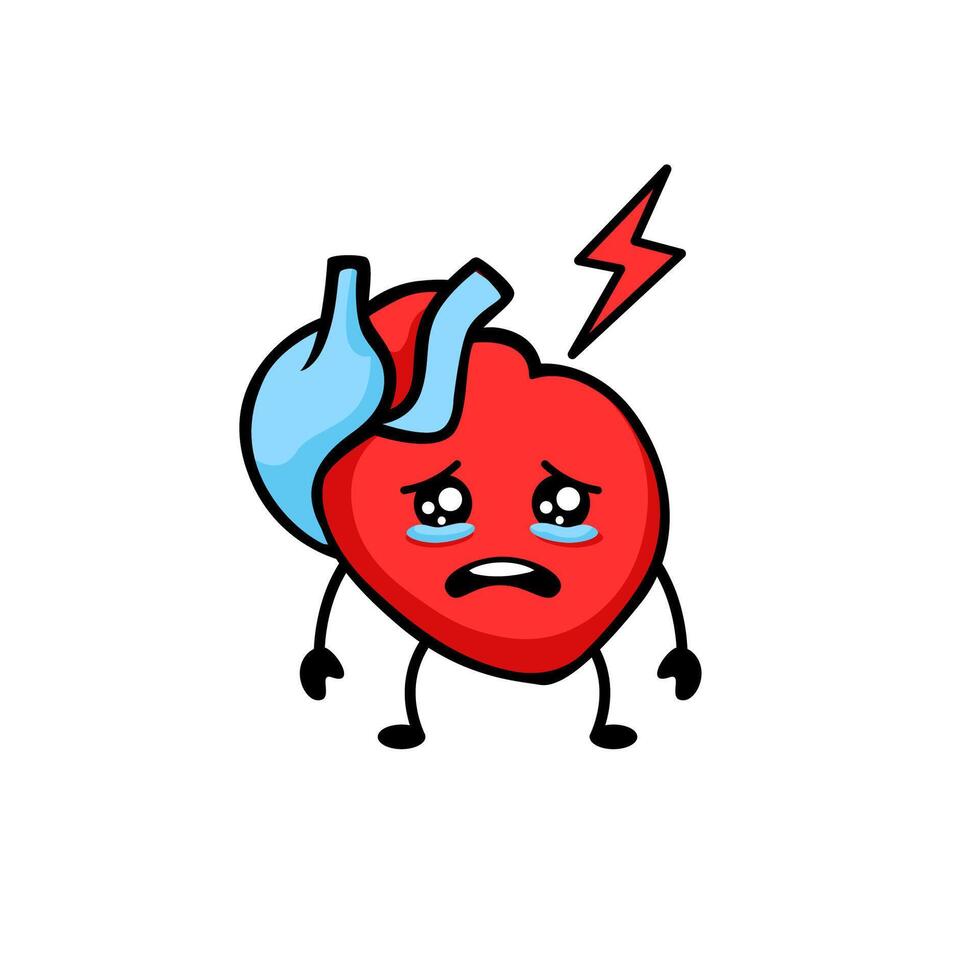 Heart character with sad expression and shock icon indicates emotional vulnerability vector