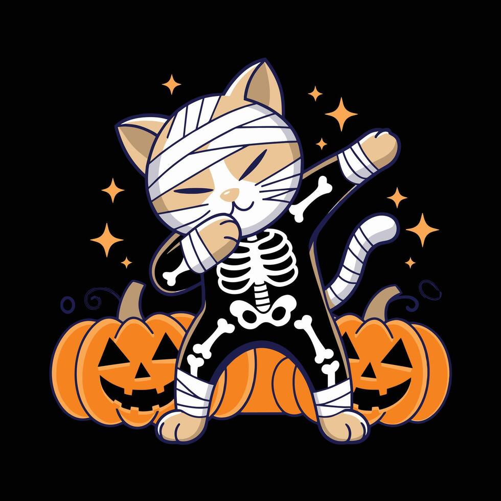 Halloween Mummy Cat Dabbing with Pumpkins vector